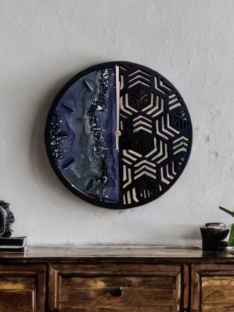 Geometric Wall Clock: Blue-Grey, Silver, and Silver flakes