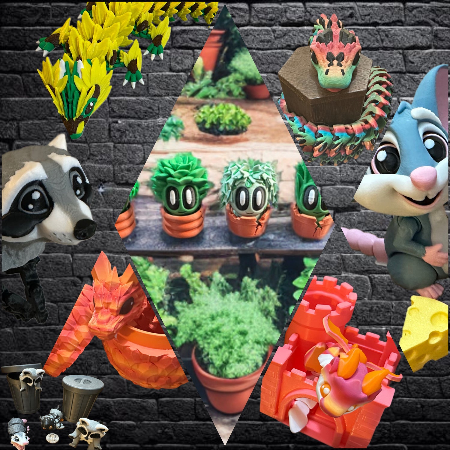 Collage of 3D printed items: sunflower dragon, raccoon, blob plants, crystal dragon, dragon in a castle, mouse with cheese, trash panda with home, and snake. 