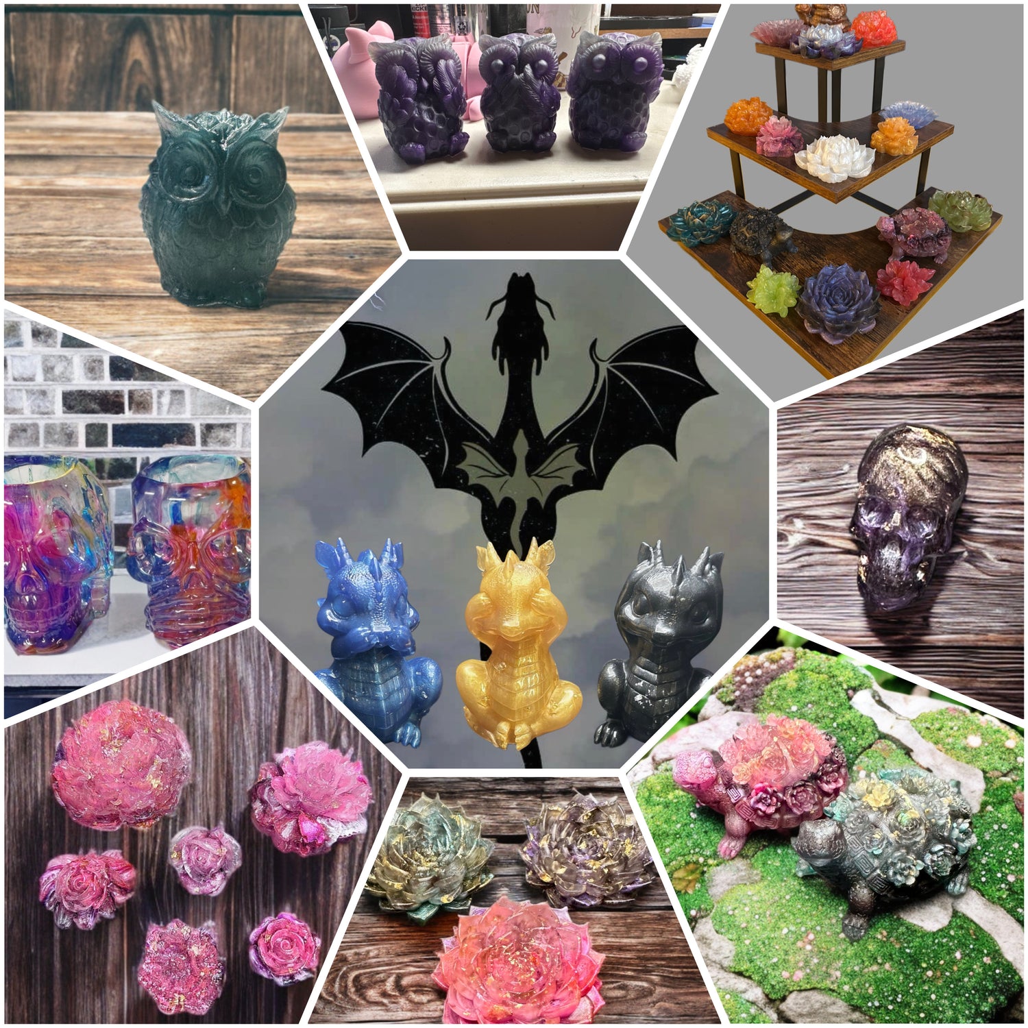 Resin Poured Decor: No evil trio (dragon, skull, or owls)