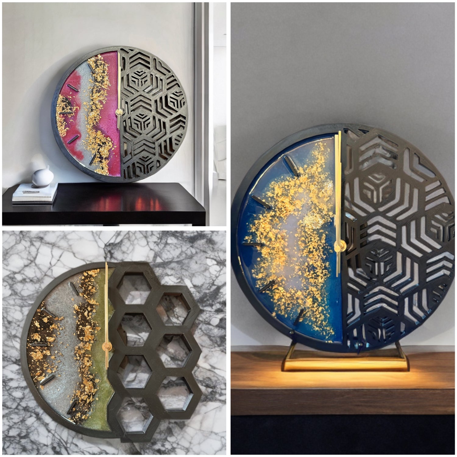 Pictures of 3D printed Decorative clocks with resin poured coloring on one side; one with a honeycomb pattern and two with geometric patterns. 