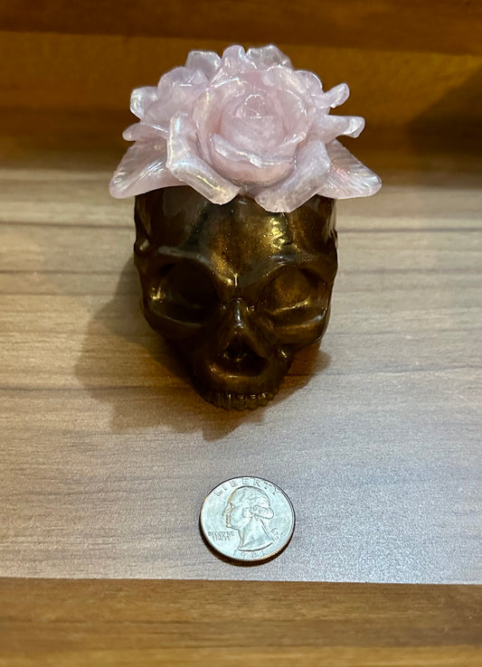 Hand Poured Resin Floral Skull- Bronze and Pink