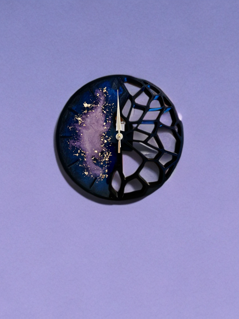 Geo Structured Wall Clock: Purple, Blue, Black, and Gold flakes