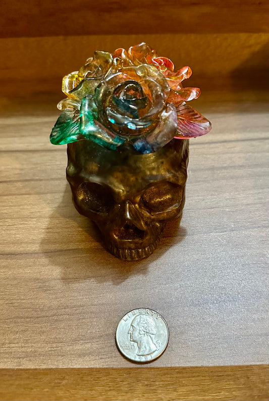 Hand Poured Resin Floral Skull- Bronze and Rainbow