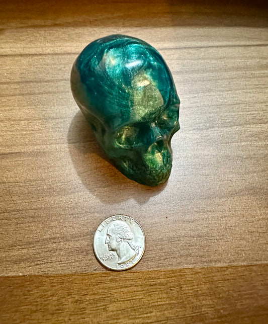 Medium Hand Poured Resin Skull- Teal and Gold