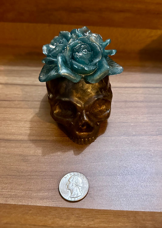 Hand Poured Resin Floral Skull- Bronze and Turquoise