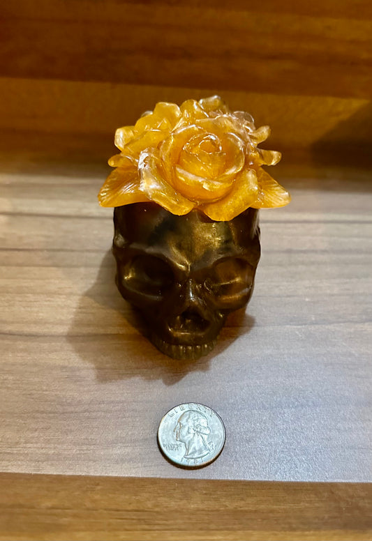 Hand Poured Resin Floral Skull- Bronze and Yellow
