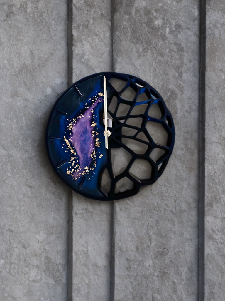Geo Structured Wall Clock: Purple, Blue, Black, and Gold flakes