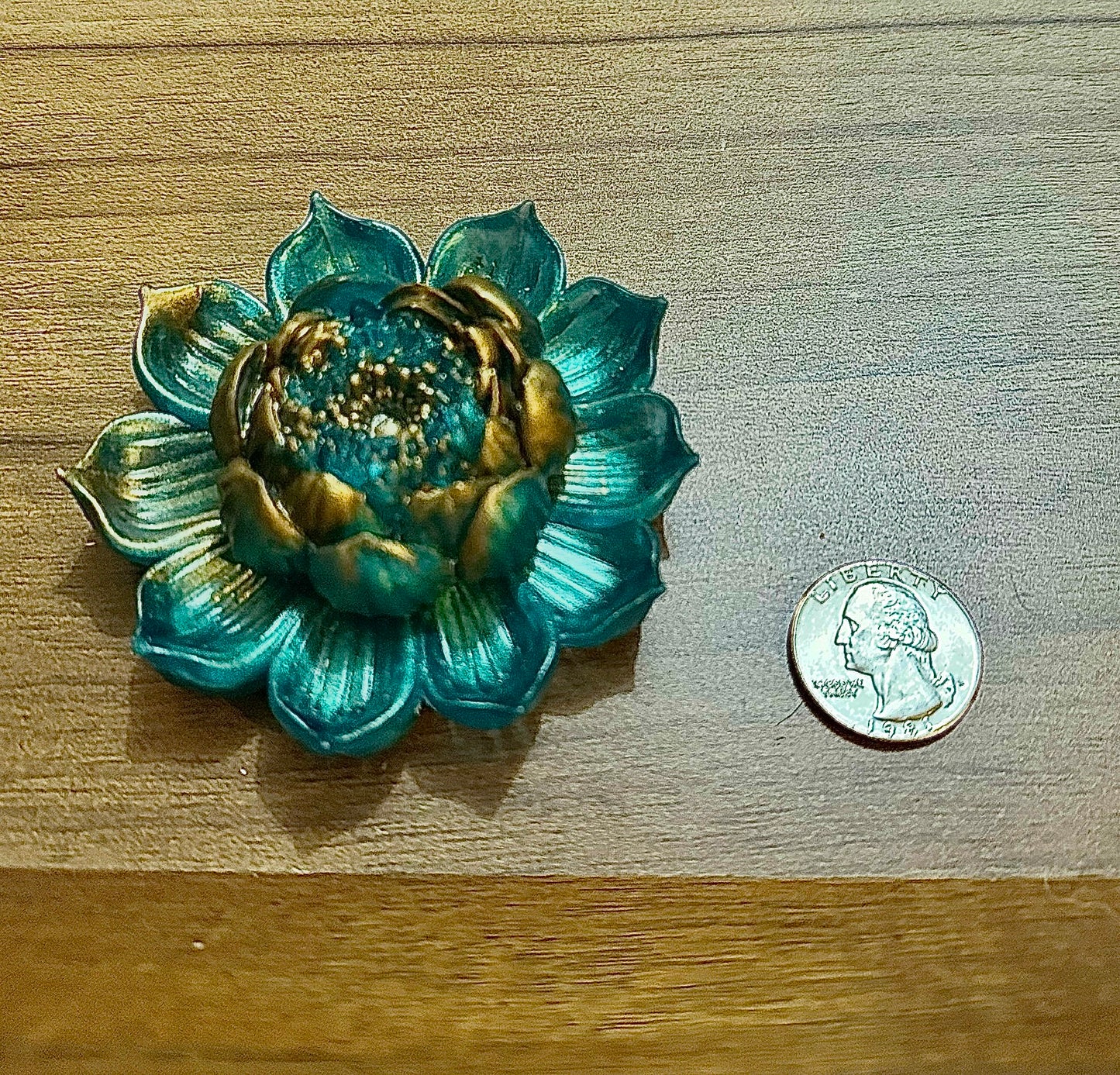 Hand Poured Resin Blooming Flower (Style 2)- Teal and Gold