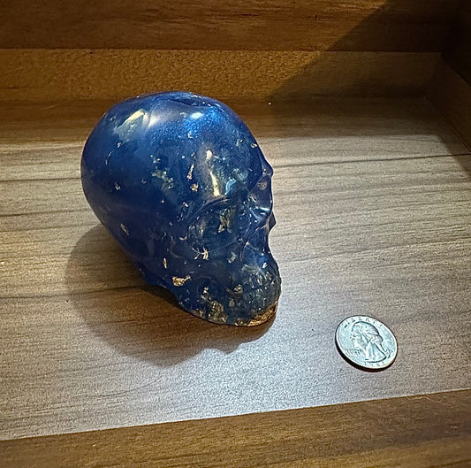 Large Hand Poured Resin Skull- Blue with Gold Flakes