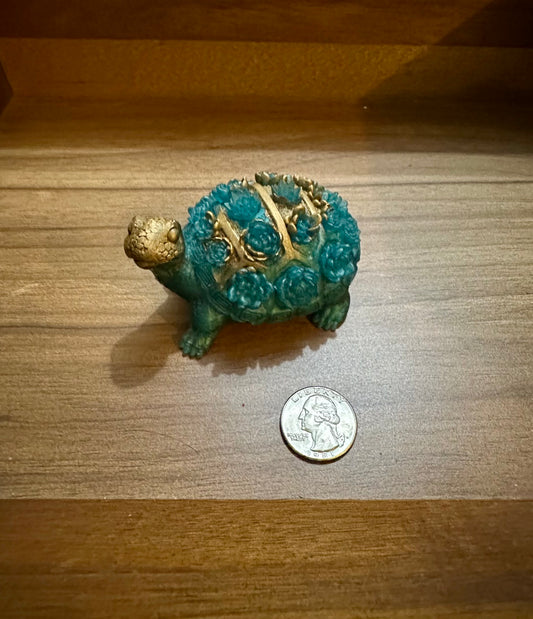 Hand Poured Resin Floral Turtle- Teal and Gold