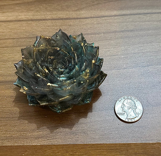 Hand Poured Resin Succulent Flower- Green/ Charcoal/ Gold Flakes