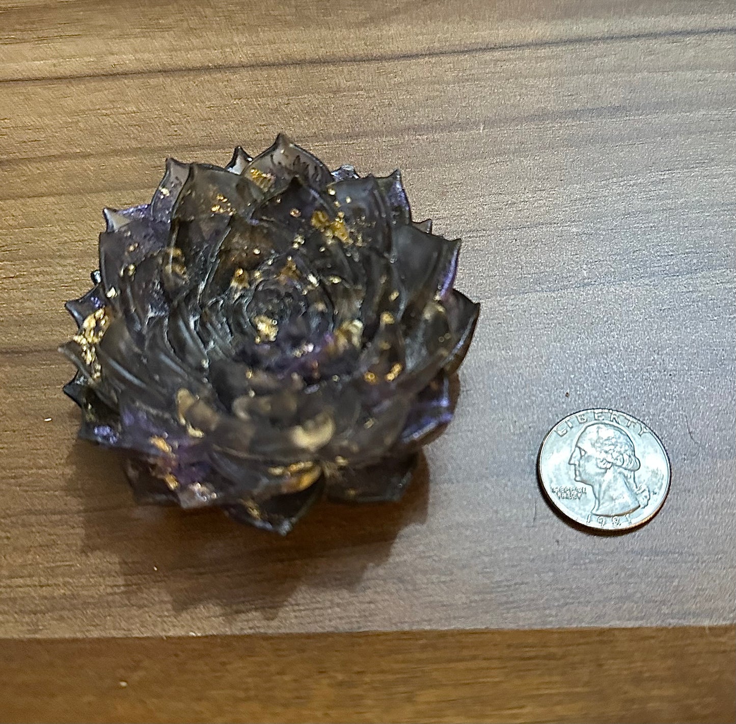 Hand Poured Resin Succulent Flower- Purple/ Charcoal/ Gold Flakes
