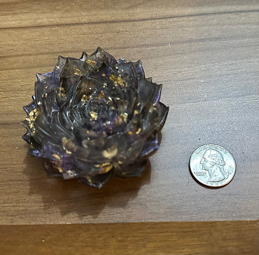Hand Poured Resin Succulent Flower- Purple/ Charcoal/ Gold Flakes